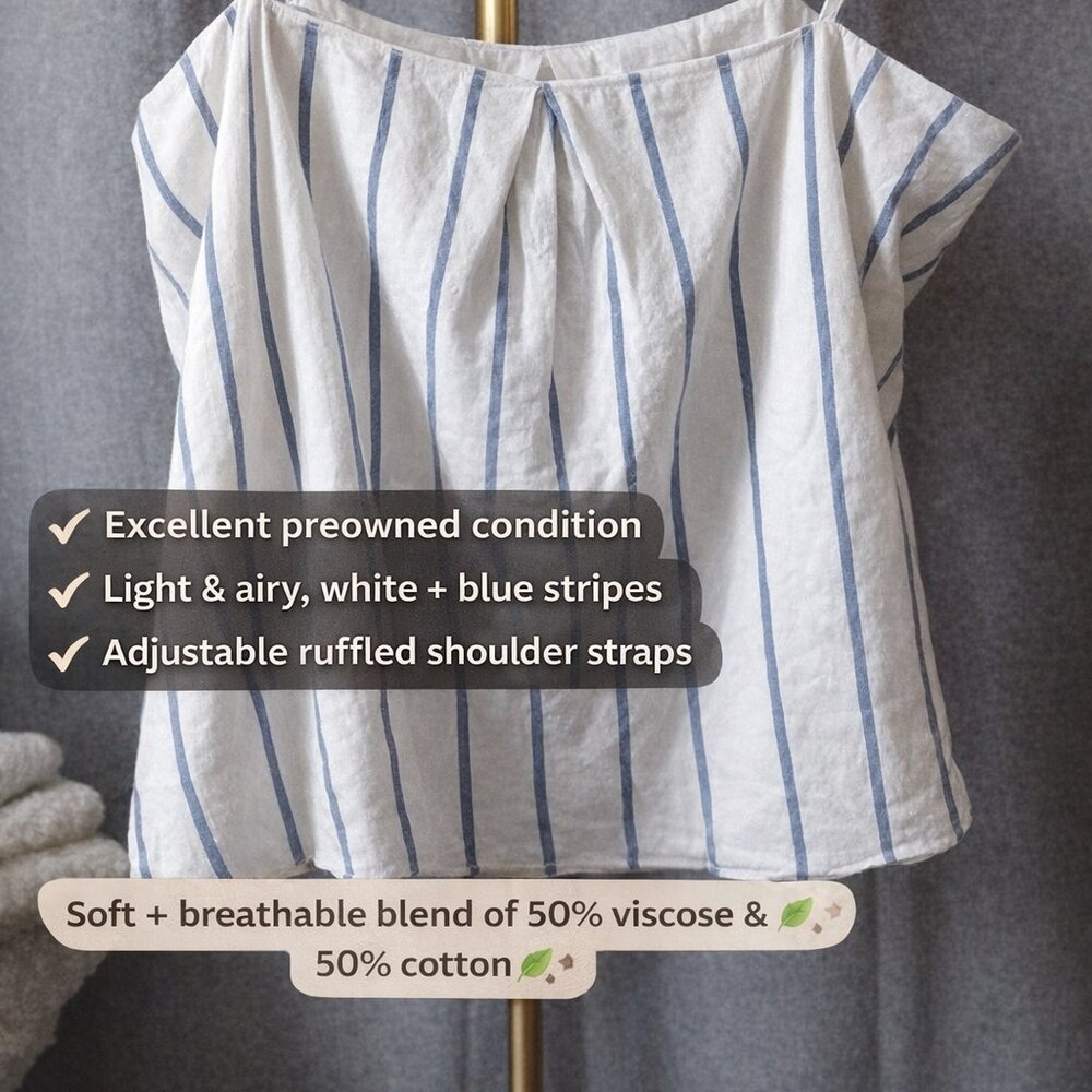 River Island White Blue Striped Camisole Top Size 12 Ruffle Strap Cotton Viscose - Picture 2 of 6